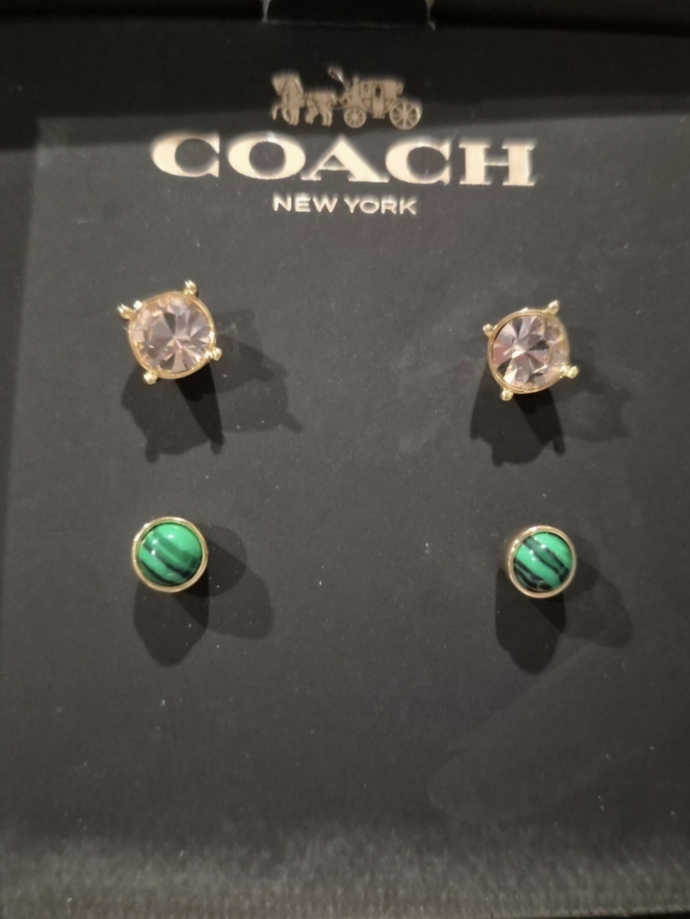 COACH Gold-Tone Stud Earring Set with Pink and Green Stones